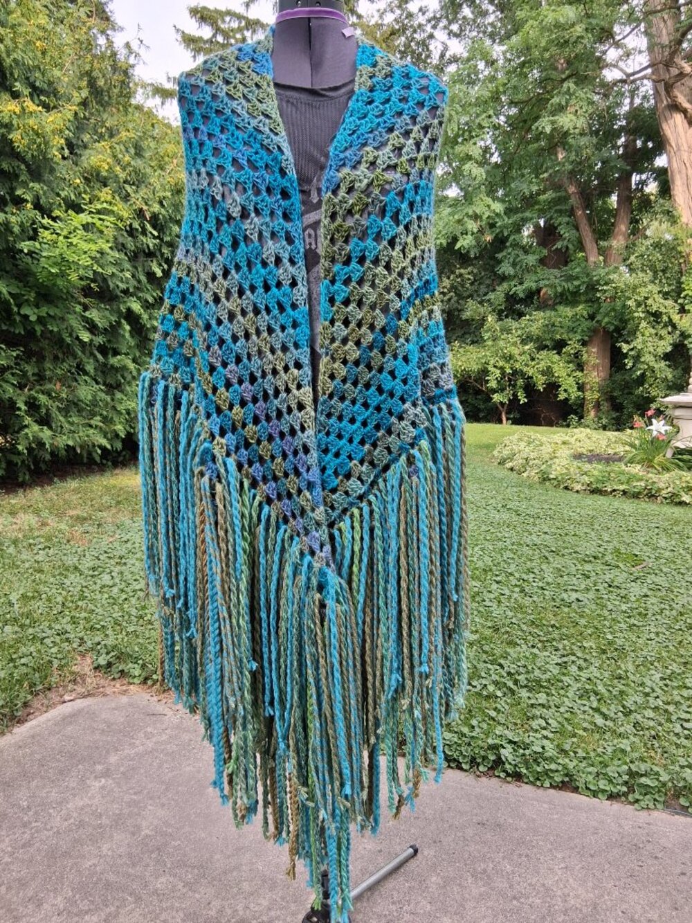 Boho Turquoise Blue and Green Full Thick Fringe Shawl Shrug - Picture 11 of 14